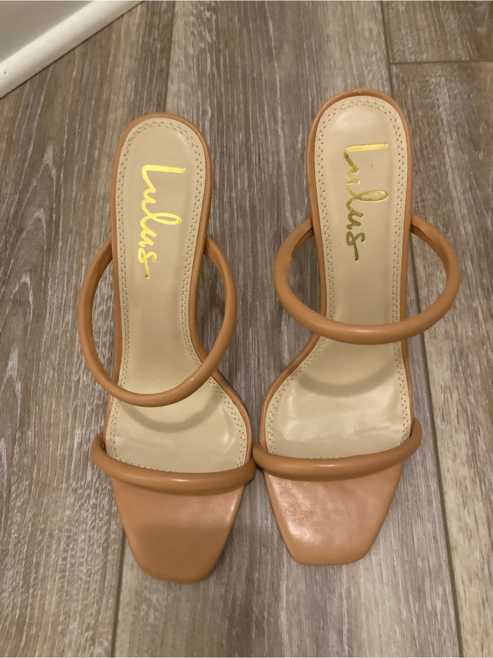 Lulu's Nude Tan Strappy Rounded-Toe Slide Heels